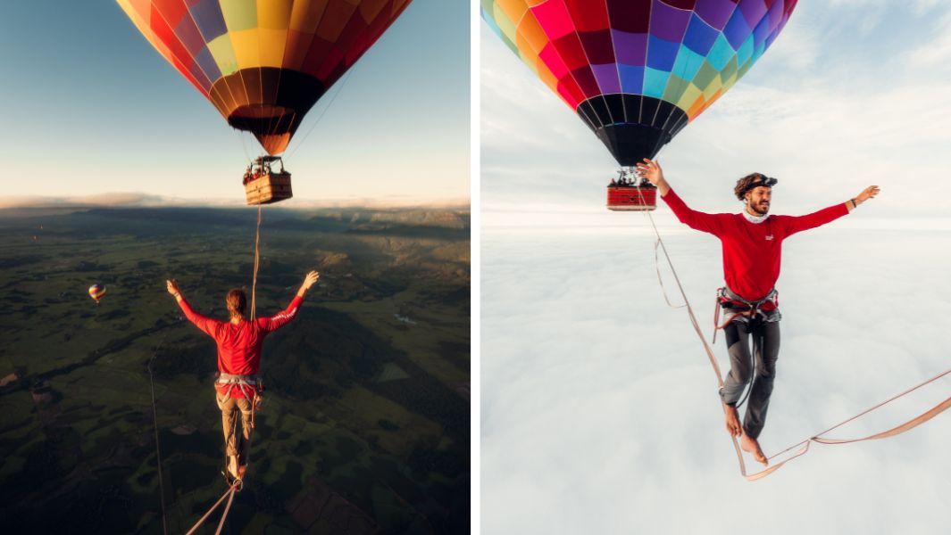 Brazilian Rafael Bridi breaking a record between two hot air balloons